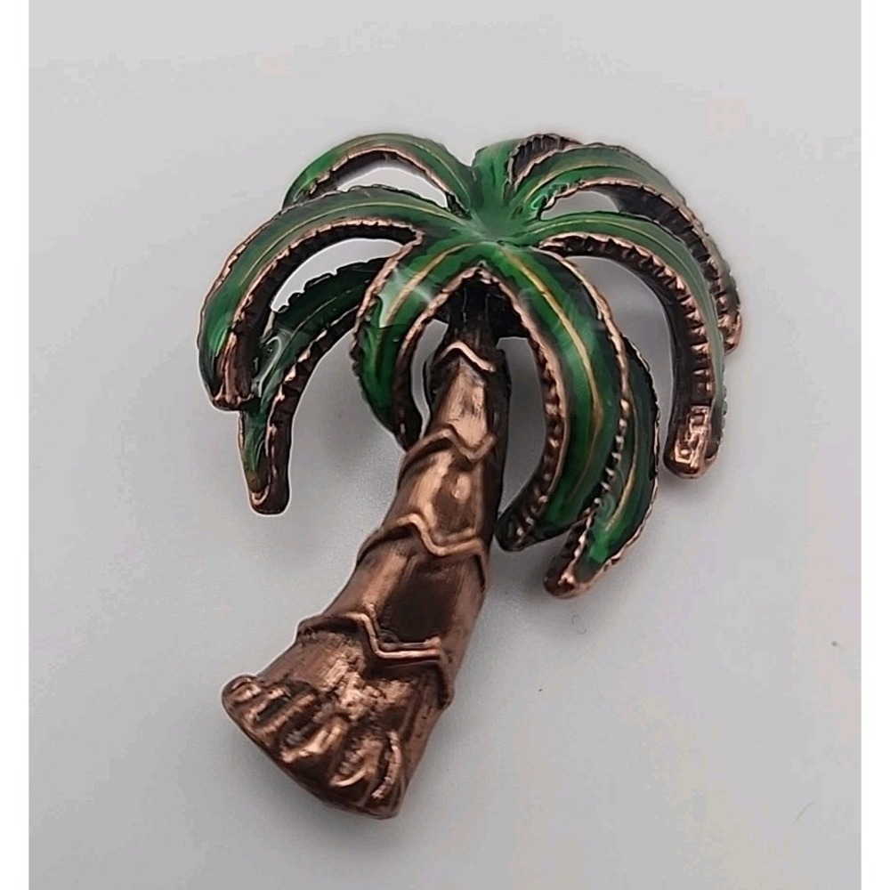 Vintage Bronze Copper Tone Figural Green Enamel Palm Tree Beach Vacation Brooch